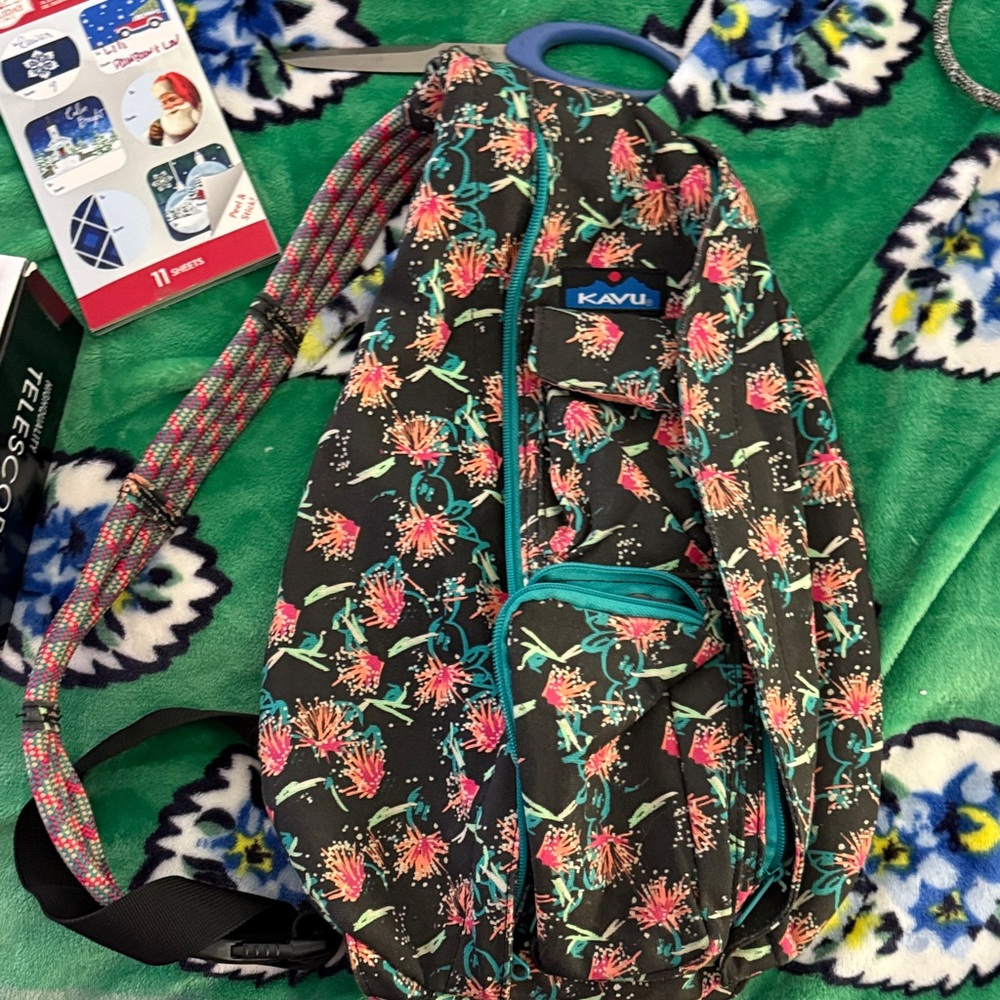 Kavu Black Floral Sling Bag with Teal Accents